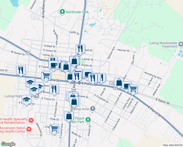 map of restaurants, bars, coffee shops, grocery stores, and more near 908 East Fannin Street in Luling