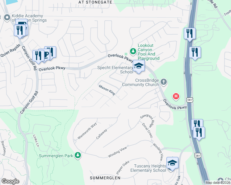 map of restaurants, bars, coffee shops, grocery stores, and more near 1671 Mason King in San Antonio