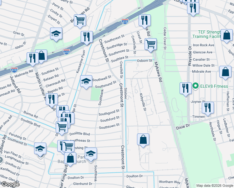 map of restaurants, bars, coffee shops, grocery stores, and more near 5951 Southville Street in Houston