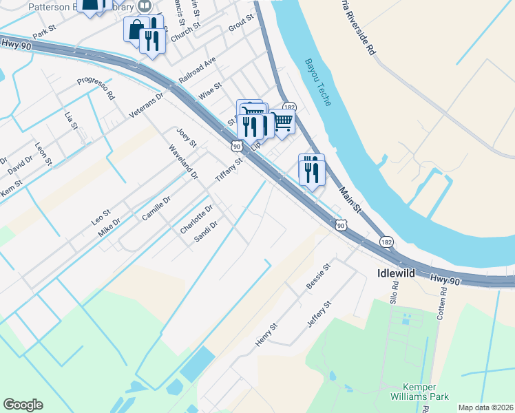 map of restaurants, bars, coffee shops, grocery stores, and more near 108-172 Enterprise Avenue in Patterson