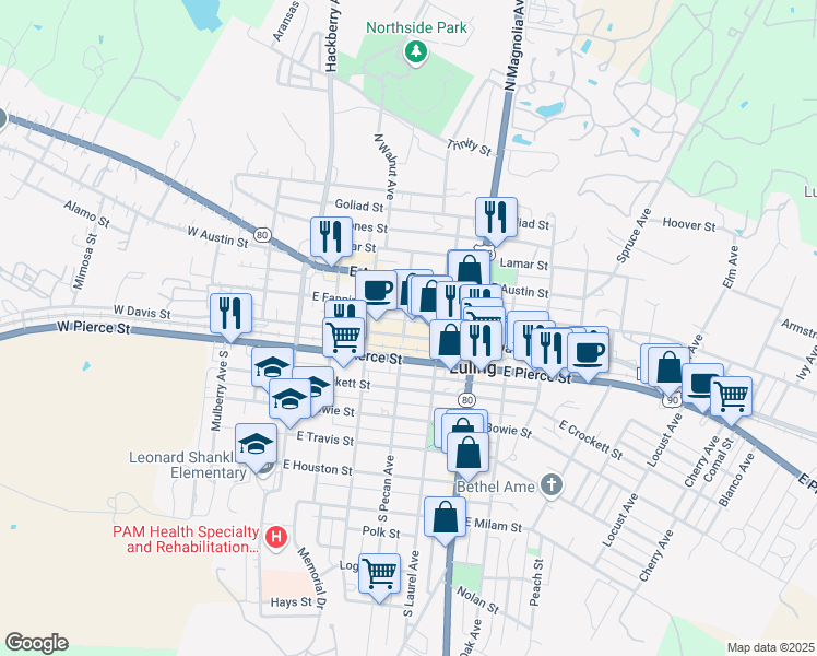 map of restaurants, bars, coffee shops, grocery stores, and more near 108 Pecan Avenue in Luling