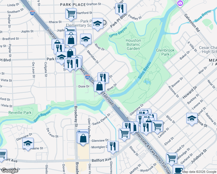 map of restaurants, bars, coffee shops, grocery stores, and more near 8117 River Drive in Houston