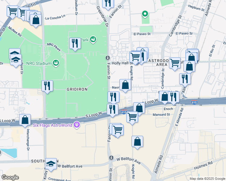 map of restaurants, bars, coffee shops, grocery stores, and more near 8600 Fannin Street in Houston