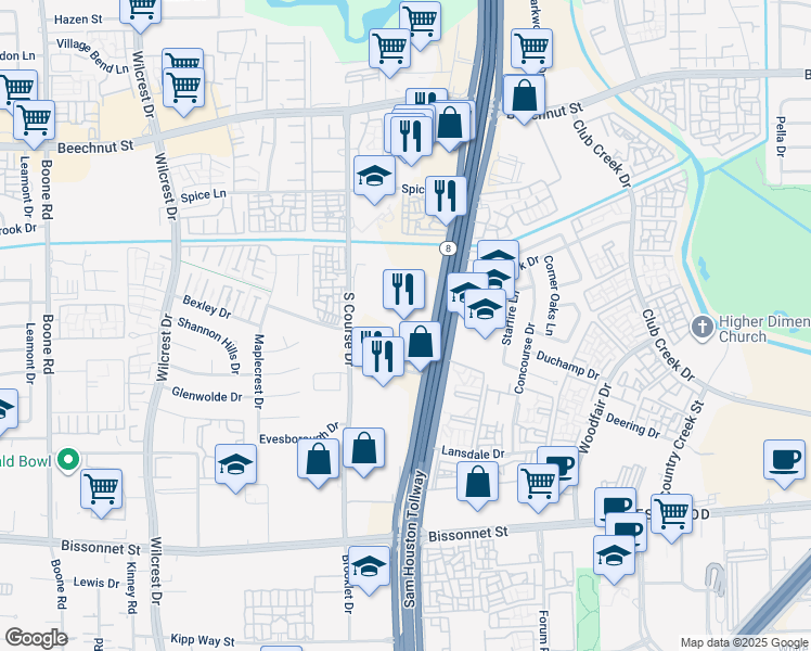 map of restaurants, bars, coffee shops, grocery stores, and more near 9404 West Sam Houston Parkway South in Houston