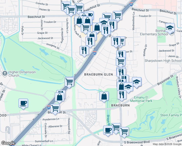 map of restaurants, bars, coffee shops, grocery stores, and more near 8911 Reamer Street in Houston