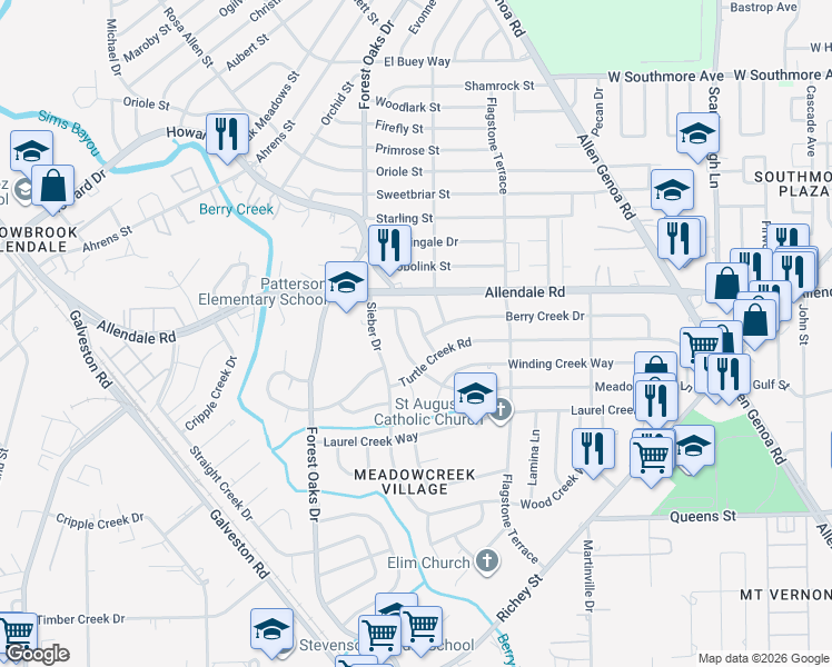 map of restaurants, bars, coffee shops, grocery stores, and more near 5454 Cherry Creek Drive in Houston