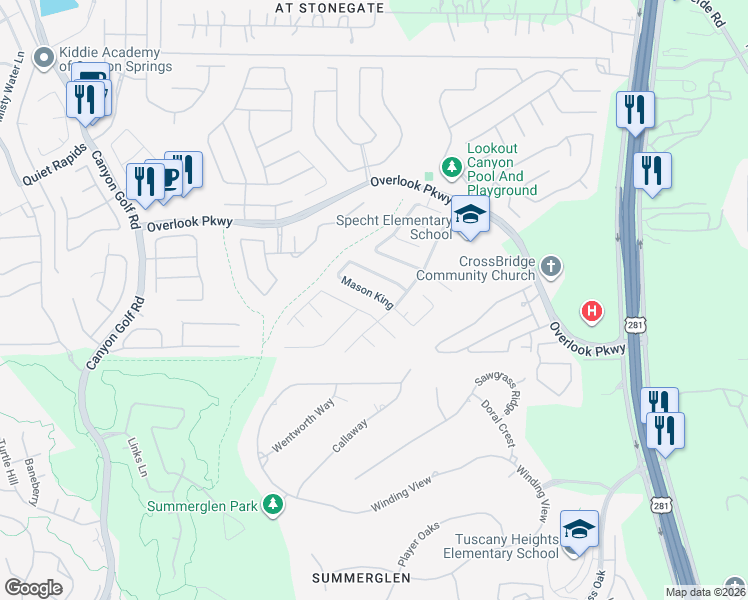 map of restaurants, bars, coffee shops, grocery stores, and more near 1652 Mason King in San Antonio