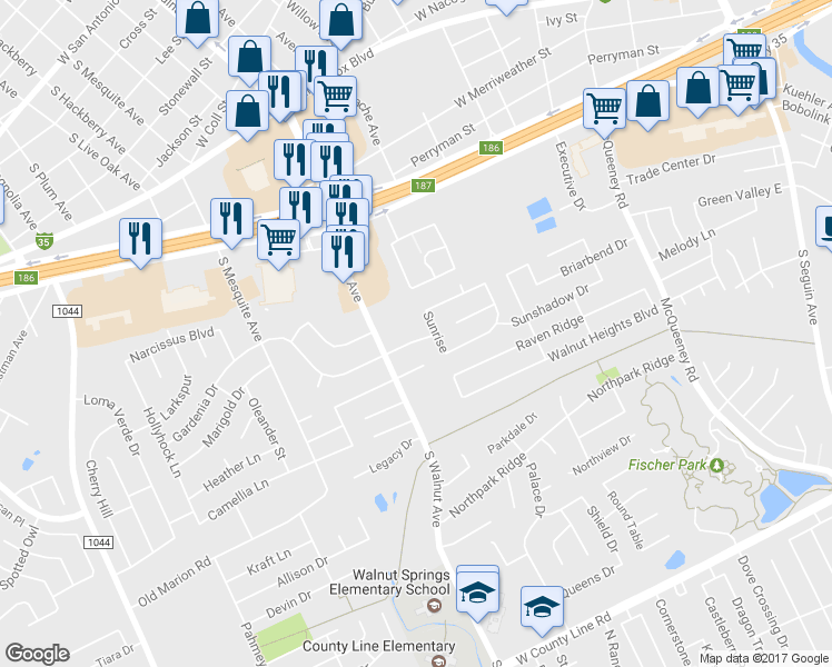 map of restaurants, bars, coffee shops, grocery stores, and more near 1024 Gardenia Drive in New Braunfels