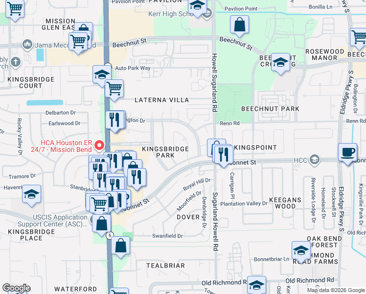 map of restaurants, bars, coffee shops, grocery stores, and more near 8927 Diamond Lake Lane in Houston
