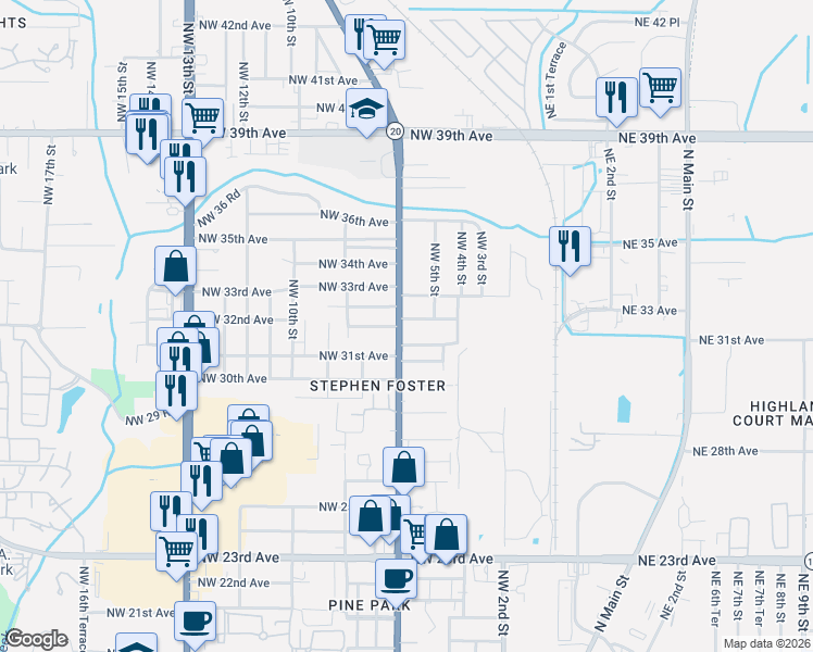 map of restaurants, bars, coffee shops, grocery stores, and more near 547 Northwest 32nd Avenue in Gainesville