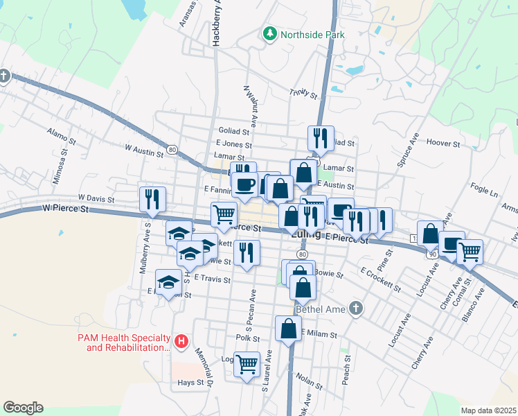 map of restaurants, bars, coffee shops, grocery stores, and more near 108 Pecan Avenue in Luling