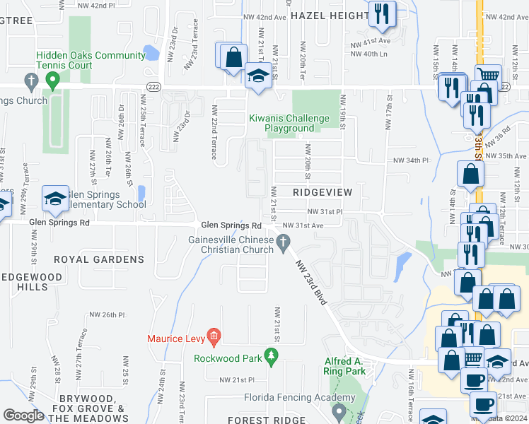 map of restaurants, bars, coffee shops, grocery stores, and more near 3114 Northwest 21st Street in Gainesville