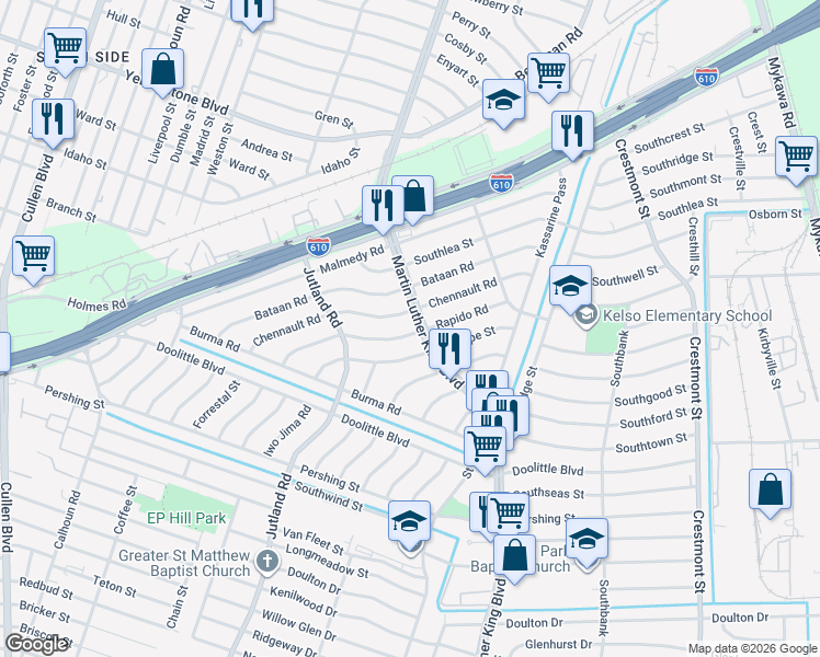 map of restaurants, bars, coffee shops, grocery stores, and more near 5229 Rapido Road in Houston