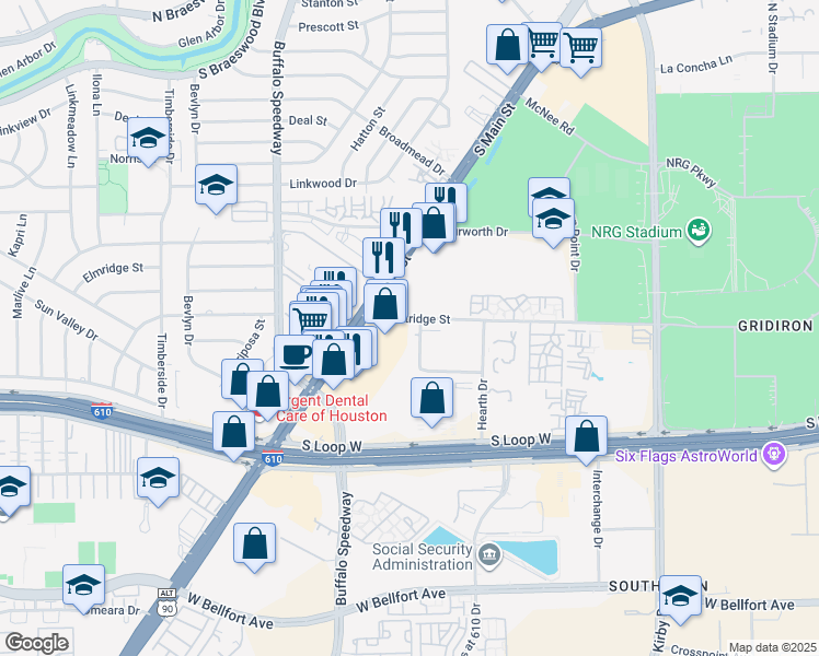 map of restaurants, bars, coffee shops, grocery stores, and more near 2901 Westridge Street in Houston