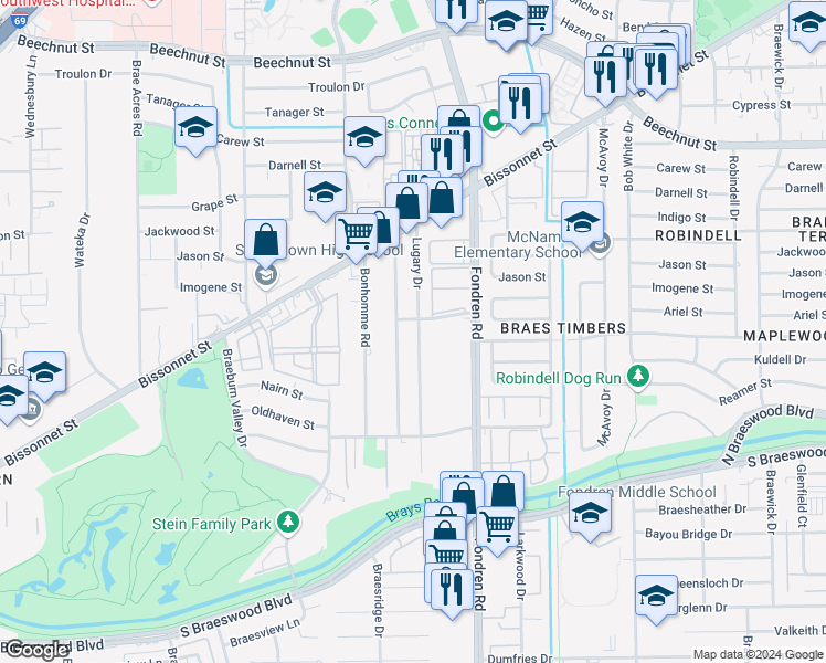 map of restaurants, bars, coffee shops, grocery stores, and more near 8906 Lugary Drive in Houston