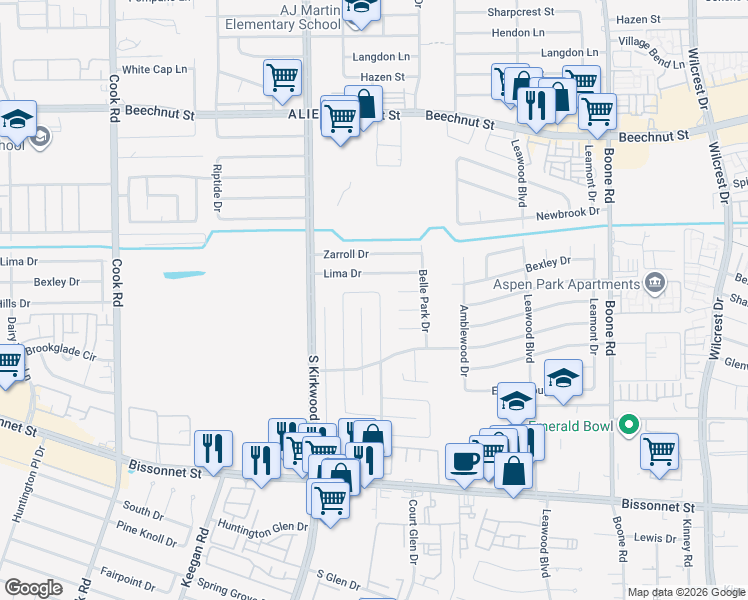map of restaurants, bars, coffee shops, grocery stores, and more near 8710 Ketchwood Drive in Houston