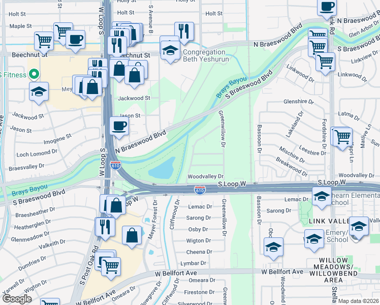 map of restaurants, bars, coffee shops, grocery stores, and more near 9306 Cliffwood Drive in Houston