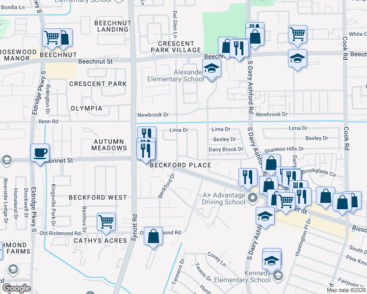 map of restaurants, bars, coffee shops, grocery stores, and more near 8818 Brummel Drive in Houston