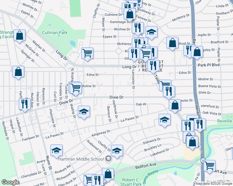map of restaurants, bars, coffee shops, grocery stores, and more near 7205 Dixie Drive in Houston