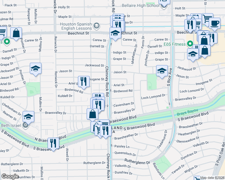 map of restaurants, bars, coffee shops, grocery stores, and more near 5258 Birdwood Road in Houston
