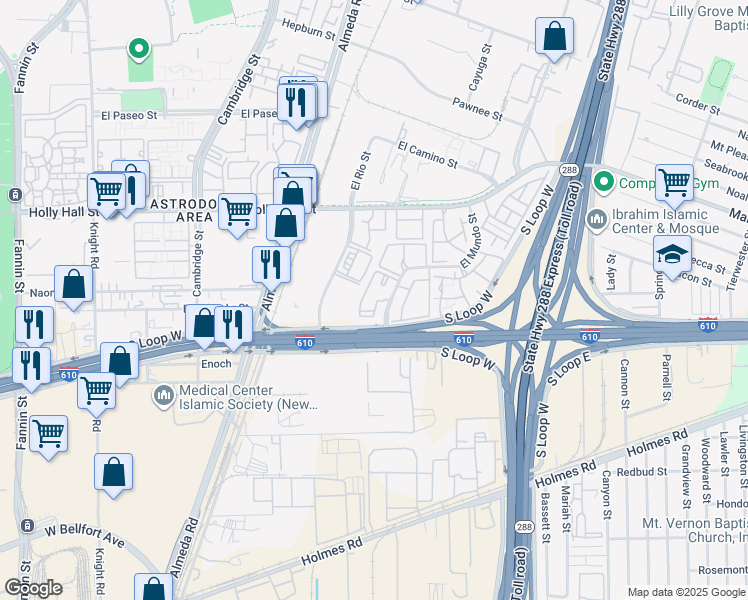 map of restaurants, bars, coffee shops, grocery stores, and more near 8380 El Mundo Street in Houston
