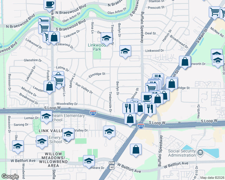 map of restaurants, bars, coffee shops, grocery stores, and more near 9207 Timberside Drive in Houston
