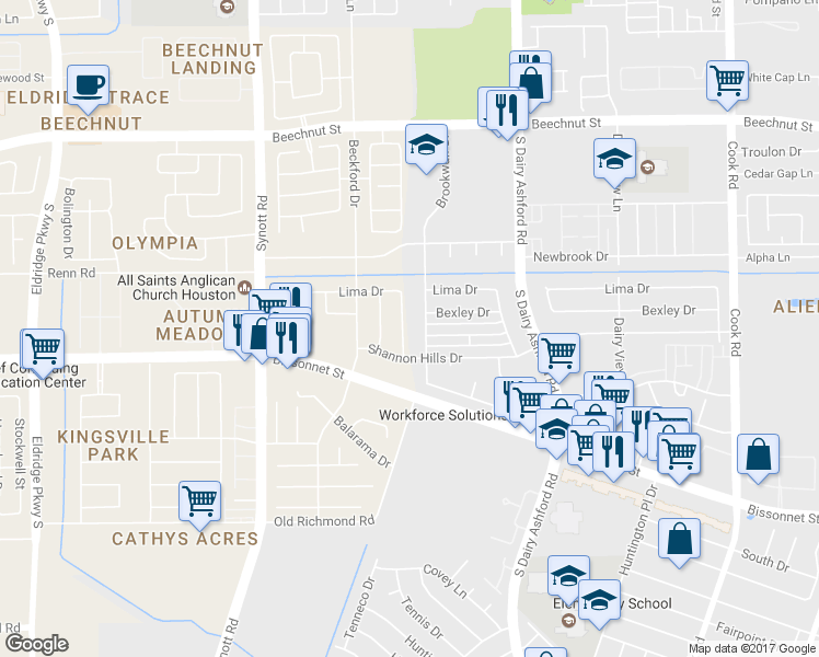 map of restaurants, bars, coffee shops, grocery stores, and more near 8819 Beau Monde Drive in Houston