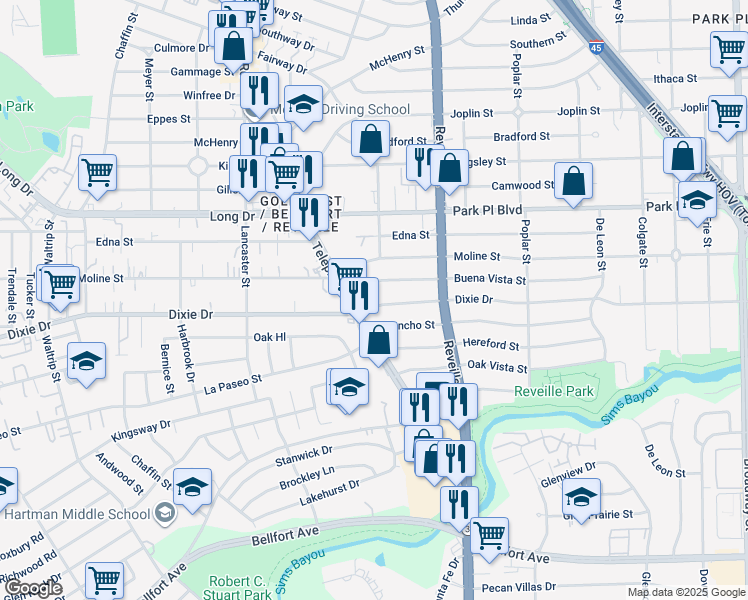 map of restaurants, bars, coffee shops, grocery stores, and more near 7411 Dixie Drive in Houston