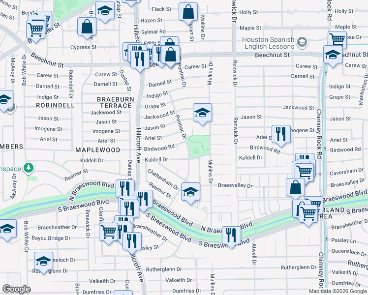 map of restaurants, bars, coffee shops, grocery stores, and more near 8906 Pontiac Drive in Houston