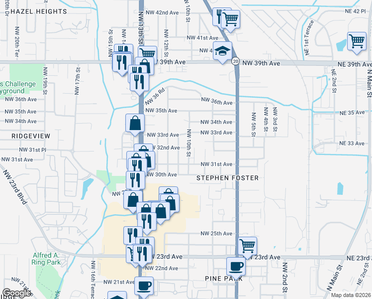 map of restaurants, bars, coffee shops, grocery stores, and more near 3186 Northwest 10th Street in Gainesville