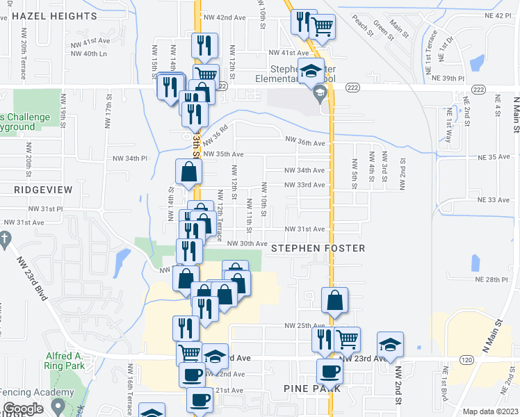 map of restaurants, bars, coffee shops, grocery stores, and more near 3186 NW 10th St in Gainesville