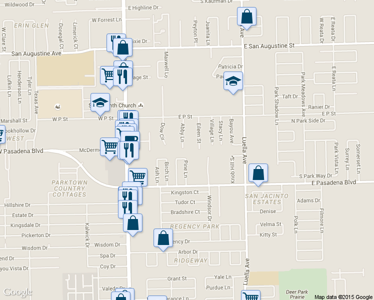 map of restaurants, bars, coffee shops, grocery stores, and more near 3209 Abby Lane in Deer Park