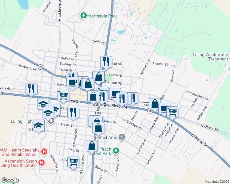 map of restaurants, bars, coffee shops, grocery stores, and more near 808 East Fannin Street in Luling