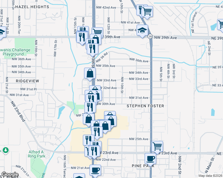 map of restaurants, bars, coffee shops, grocery stores, and more near 3177 NW 12th St in Gainesville