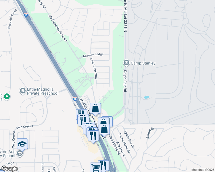 map of restaurants, bars, coffee shops, grocery stores, and more near 25607 Presidio Alley in Boerne