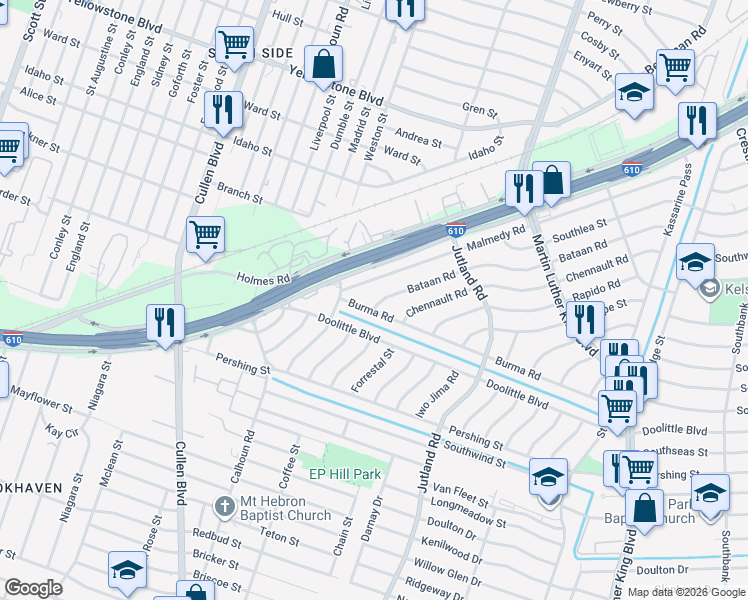 map of restaurants, bars, coffee shops, grocery stores, and more near 4905 Bataan Road in Houston