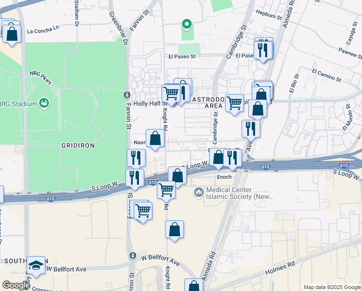 map of restaurants, bars, coffee shops, grocery stores, and more near 2124 Naomi Street in Houston