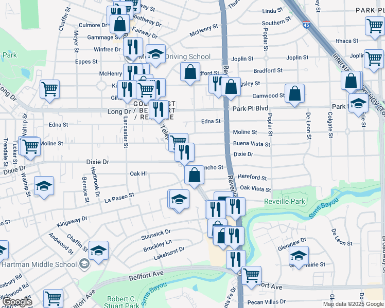 map of restaurants, bars, coffee shops, grocery stores, and more near 7411 Dixie Drive in Houston