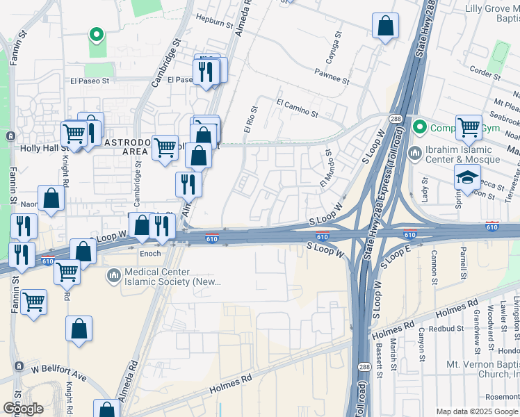 map of restaurants, bars, coffee shops, grocery stores, and more near 8380 El Mundo Street in Houston