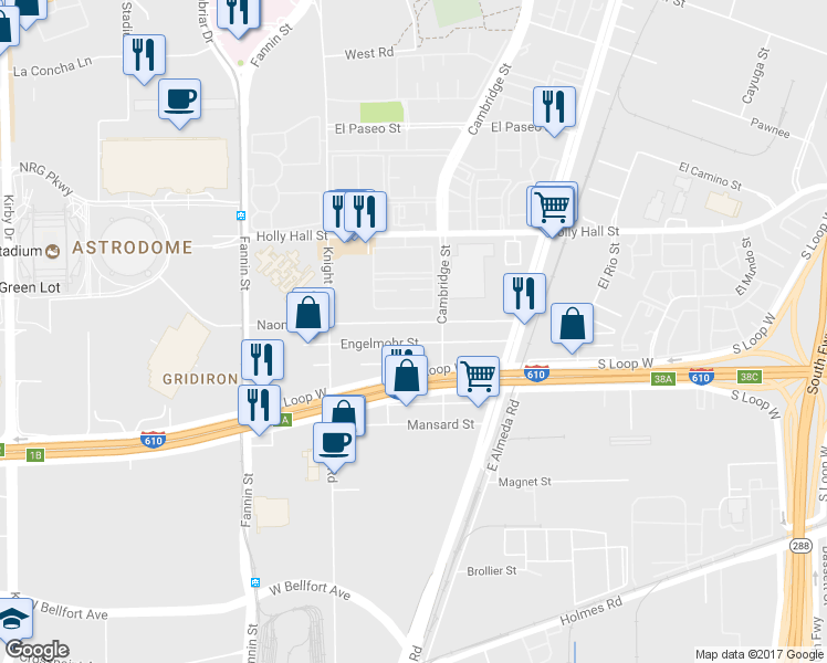 map of restaurants, bars, coffee shops, grocery stores, and more near 2216 Naomi Street in Houston