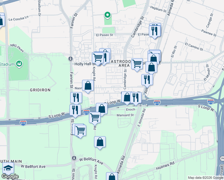 map of restaurants, bars, coffee shops, grocery stores, and more near 2216 Naomi Street in Houston
