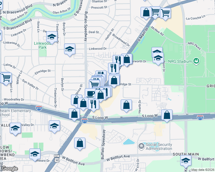 map of restaurants, bars, coffee shops, grocery stores, and more near in Houston