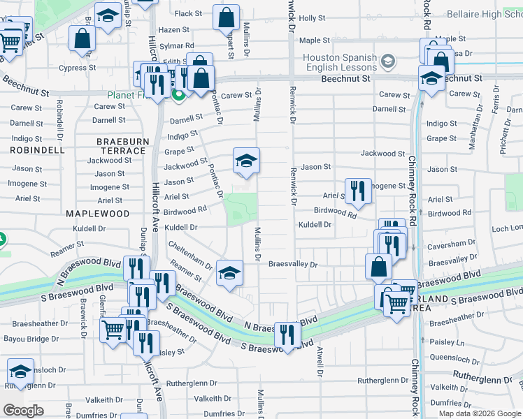 map of restaurants, bars, coffee shops, grocery stores, and more near 8800 Mullins Drive in Houston