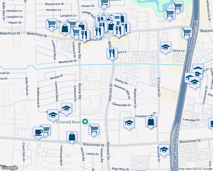 map of restaurants, bars, coffee shops, grocery stores, and more near 8816 Wilcrest Drive in Houston