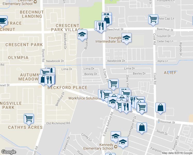 map of restaurants, bars, coffee shops, grocery stores, and more near 12712 Dairy Brook Drive in Houston