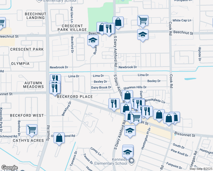 map of restaurants, bars, coffee shops, grocery stores, and more near 12712 Dairy Brook Drive in Houston