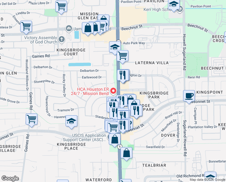 map of restaurants, bars, coffee shops, grocery stores, and more near 8810 South Texas 6 in Houston