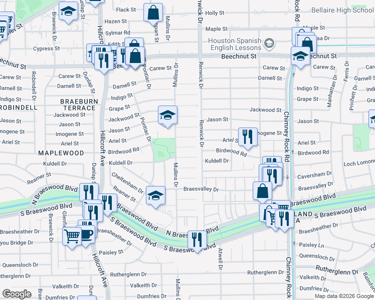 map of restaurants, bars, coffee shops, grocery stores, and more near 5519 Birdwood Rd in Houston