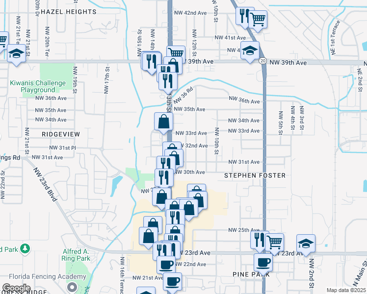 map of restaurants, bars, coffee shops, grocery stores, and more near 3178 Northwest 12th Terrace in Gainesville