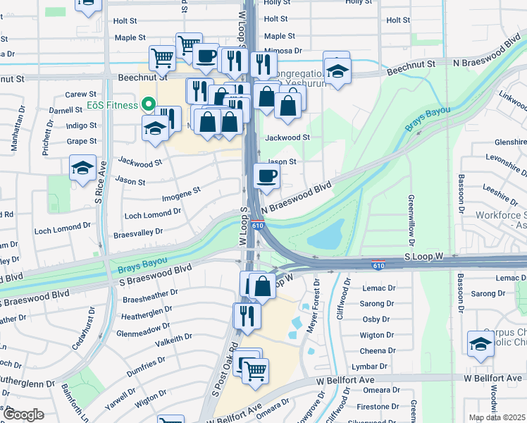 map of restaurants, bars, coffee shops, grocery stores, and more near West Loop South Freeway & North Braeswood Boulevard in Houston